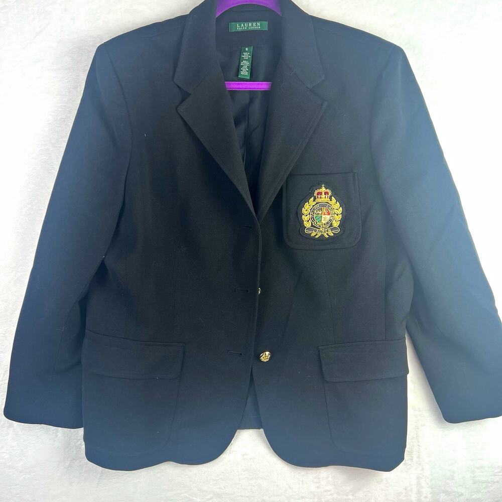Lauren Ralph Lauren Black Crest Blazer Women 16 Gold Buttons Preppy Old Money